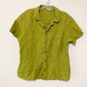CP Shades Size M Green Button Down Short Sleeve Shirt Top 100% Linen